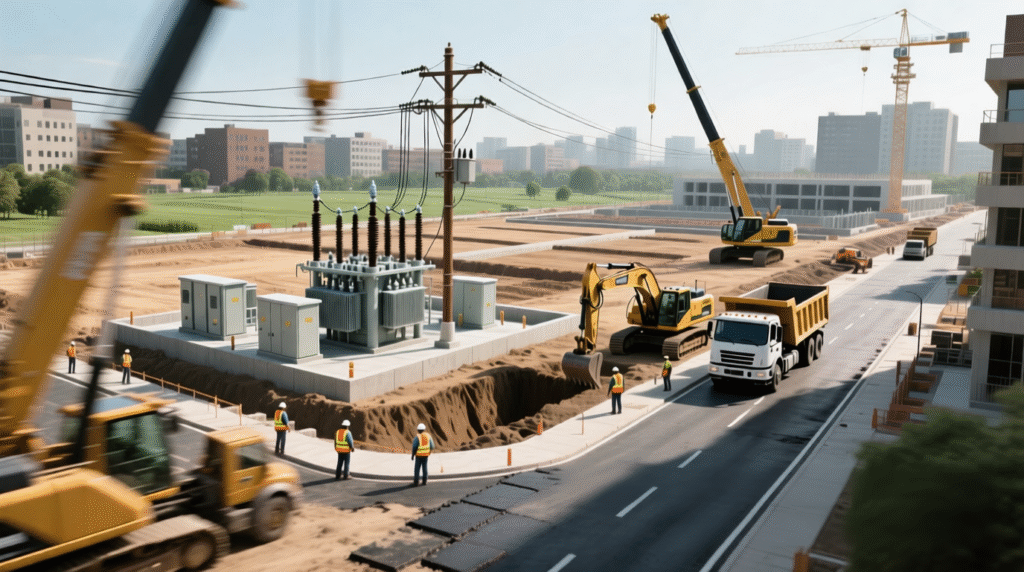 Infrastructure development for land plots with transformers installed, roadworks and utility line placement visible.